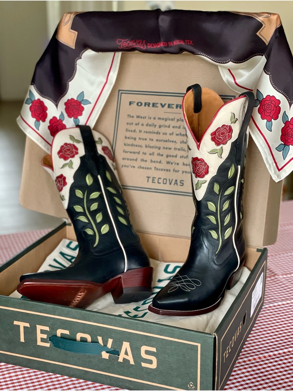 ♥️ Tecovas Annie Wild Roses Black Red Western Boots 7.5 Never Worn